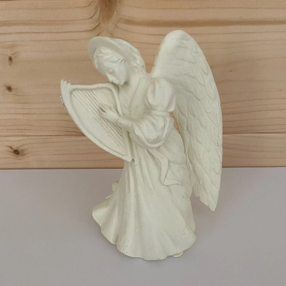 VINTAGE Hallmark Cards Guardian Angel Harp 4.5” Tall Ivory Ceramic Figurine